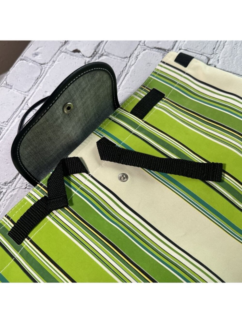 Twos Company Stripe Packable Beach Backpack Tote Vegan Green Black - Picture 11 of 13